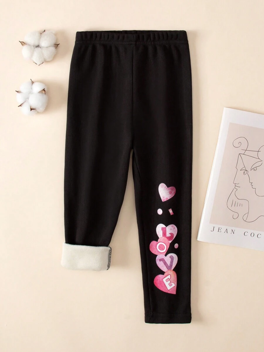 Young Girls Thermal Lined Heart Print Elastic Waist Warm Leggings - Black - View 1