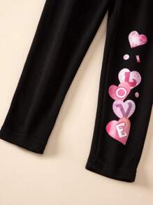 Young Girls Thermal Lined Heart Print Elastic Waist Warm Leggings - Black - View 4