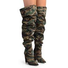 Over The Knee Wide Calf Slouchy Chunky Heel Boots - 偽裝 - 查看 2