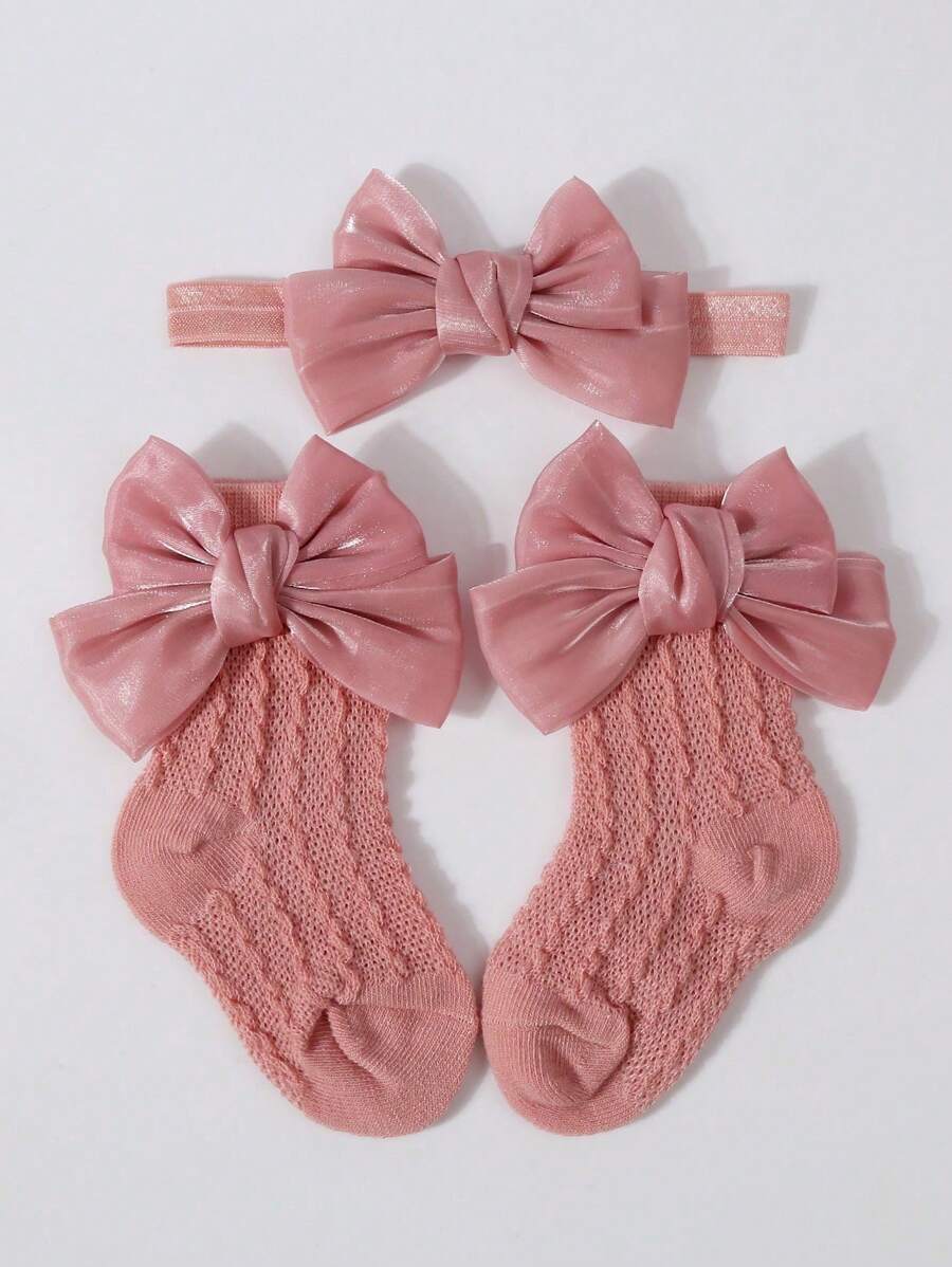 1 件公主蝴蝶结头带 + 1 双透气网眼蝴蝶及膝袜，女婴礼物爱情人节 - 粉色 - 查看 1