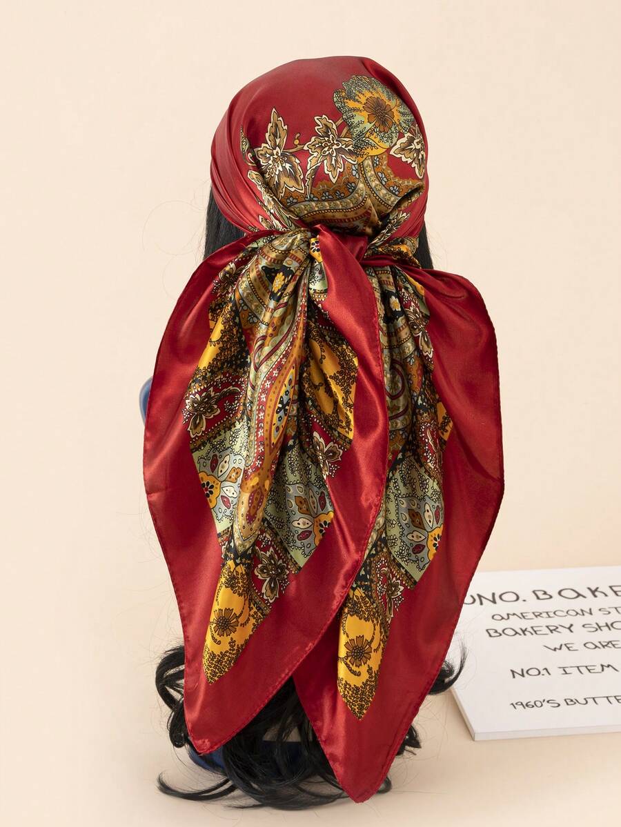 1 件佩斯利印花 90 厘米仿丝围巾，波西米亚风格女士围脖，适合全年使用 - 紅色 - 查看 1