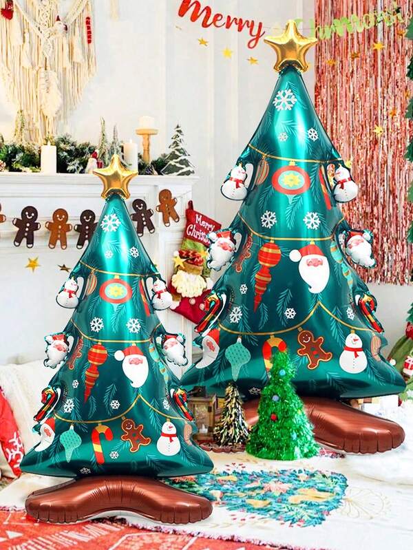 1pc Upright Christmas Tree Foil Balloon With Big Snowman And Golden Star Pattern, For Christmas Theme Balloons, Christmas Decorations, Holiday Parties, Christmas Family Gatherings, New Year, Events And Photography Props, Indoor Christmas Tree Decor