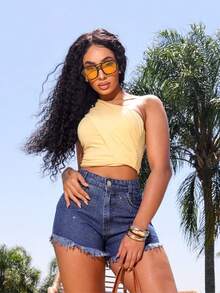 Women's Short Jeans Shorts C Shiny High Waist Luxury Line - 深色水洗藍 - 查看 2