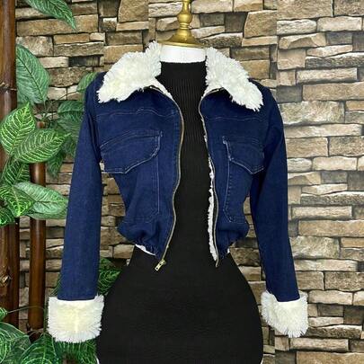 Chamarra Mezclilla Forrada Peluche Chaqueta Moda Sexy Mujer Cazadora Estilo Urbano Casual Fiesta Bomber Vestir Elegante Sudadera Dama Con Ciere