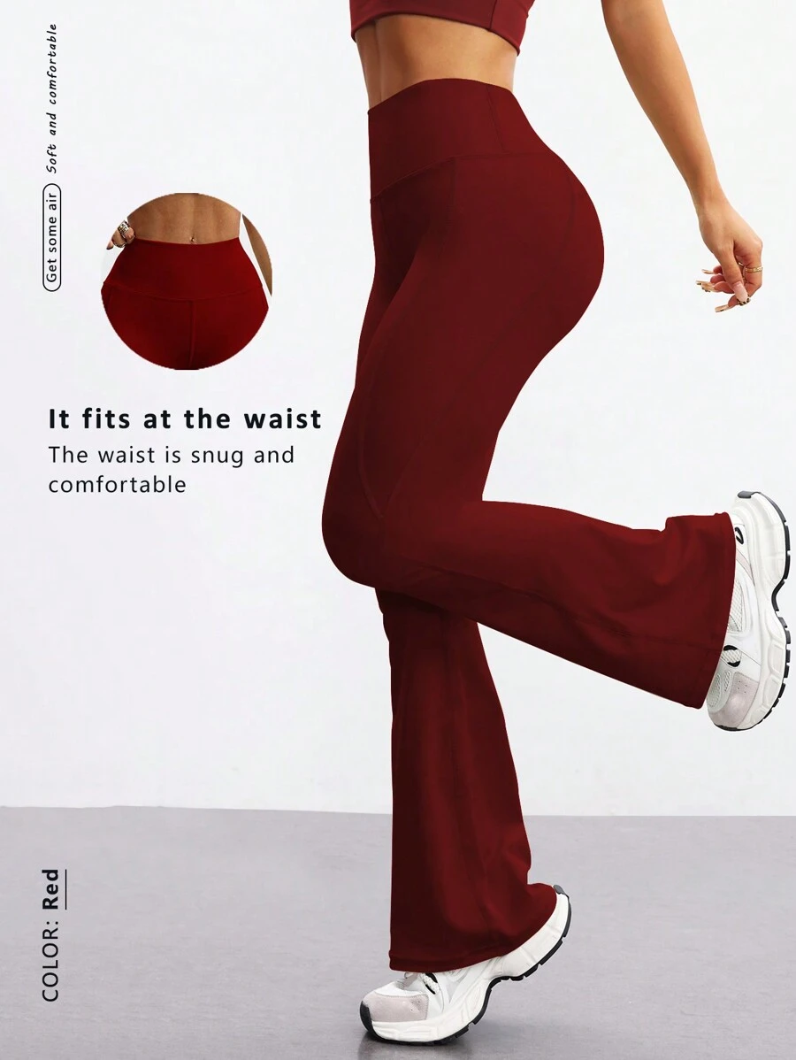 FWH 时尚休闲简约提臀蜜桃臀时尚优雅街头复古显瘦低调奢华拉长腿部线条经典简约高端显瘦高腰百搭喇叭裤新款欧式束腰健身阔腿瑜伽裤紧身裤冬季 - 紅色 - 查看 1