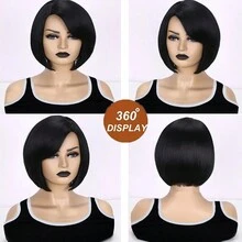 Tóc giả Bob đen sang trọng tuyệt đẹp dành cho phụ nữ - Chịu nhiệt, tóc tổng hợp thẳng với phần rẽ ngôi, trông tự nhiên, mềm mại khi chạm vào, dễ tạo kiểu, hoàn hảo để mặc hàng ngày, hóa trang và những dịp đặc biệt - màu đen - Xem 2