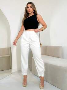 EMILI LULU RUN Women's Carrot Tailored Trousers With Double Covered Buttons And Pleats At The Hem - 白色 - 查看 5