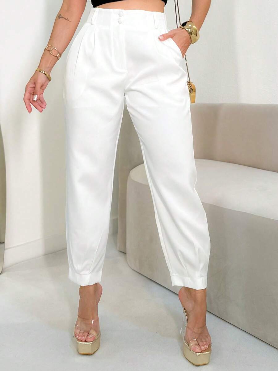 EMILI LULU RUN Women's Carrot Tailored Trousers With Double Covered Buttons And Pleats At The Hem - 白色 - 查看 1