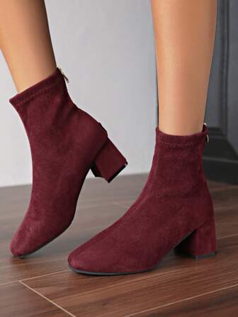 Women's New Ankle Boots, Square Toe High Heel Fashion Booties, Comfortable Suede, Back Zipper Closure,Match With Sweater Dress