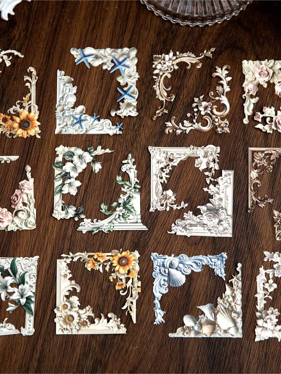 20Pcs/24pcs/Bag Sticker Pack, Romantic Corner Series, Retro Gorgeous Delicate Imitation Three-Dimensional Flower Theme Corner Sticker, Scrapbook Supplies, Decorative Notebook Photo Frame Mobile Phone Case Water Cup Garbage Magazine Stationery Box DIY Personalized Collage,Back To School , School Supplies