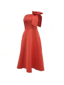 一件优雅纯色高端束腰连衣裙，饰有蝴蝶结和肩带 - 紅色 - 查看 3