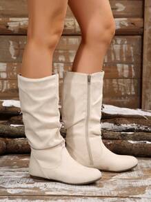 2024 Autumn/Winter Women Flat Round Toe Mid-Calf Boots, Anti-Slip New Style Skinny Pleated Slouchy Western Boots With Side Zipper,Boots For Women