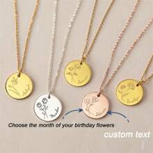 Spersonalizowany naszyjnik ze stali nierdzewnej Birthflower & Birthday Month Disc, elegancki naszyjnik łańcuszkowy na prezent dla kobiet, matek, dziewczyn, najlepszych przyjaciółek