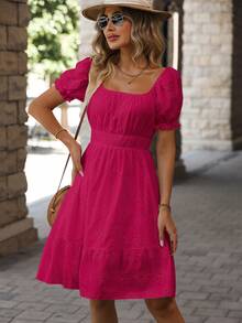 Short Lese Cotton Dress With Elastic Waist Lined Puffed Princess Sleeves - Màu Hồng Tươi - Xem 5