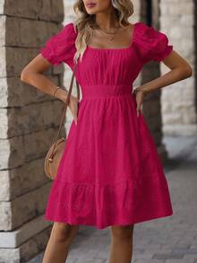 Short Lese Cotton Dress With Elastic Waist Lined Puffed Princess Sleeves - Màu Hồng Tươi - Xem 3
