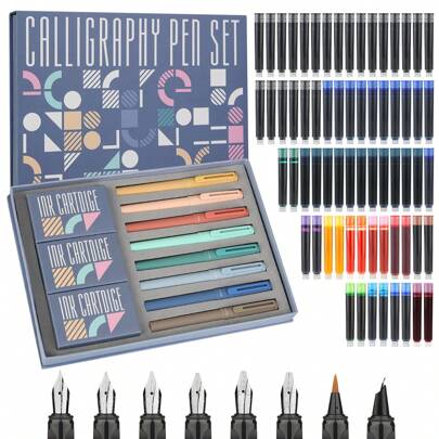 Calligraphy Pen Set 74pcs- 8 Calligraphy Fountain Pens With Varied Nibs, 66 Ink Cartridges(14 Colors)-Writing, Drawing, Calligraphy Practice For Beginner