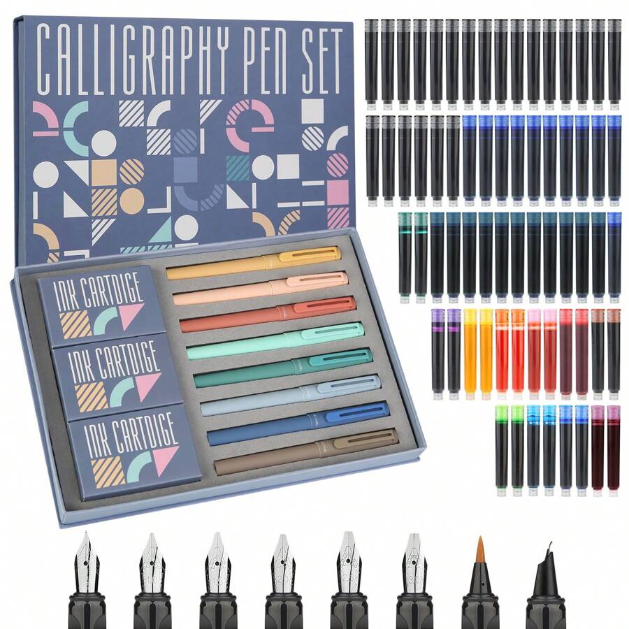 Calligraphy Pen Set 74pcs- 8 Calligraphy Fountain Pens With Varied Nibs, 66 Ink Cartridges(14 Colors)-Writing, Drawing, Calligraphy Practice For Beginner
