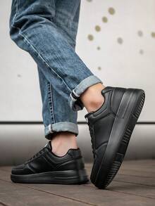 男士黑色低帮舒适轻便百搭运动鞋,宽系带高底户外休闲运动鞋 - 黑色 - 查看 9