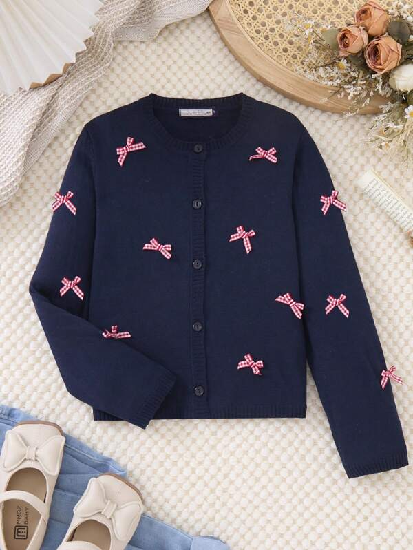 1 peça Cardigan azul marinho de manga comprida com laço xadrez vermelho decorativo, temporada outono/inverno