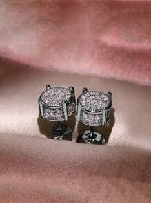 1 Pair Elegant Cubic Zirconia Stud Earrings, Suitable For Women, Ideal For Weddings, Engagements, Anniversaries, Parties, Valentine's Day, And As A Gift For Mothers And Mother's Day - Silver - View 5