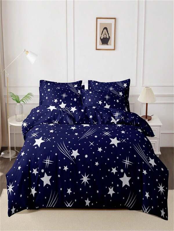 3pcs 100% Polyester Geometric Space Duvet Cover Pillow Sham Set, Featuring Starry Sky, Stars, Night Sky, Meteor Styles (1 Duvet Cover + 2 Pillow Shams)