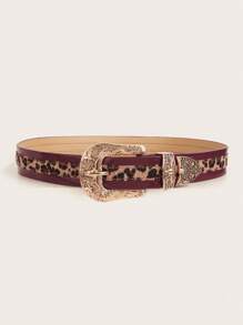 1 pieza Cinturón de PU con hebilla de metal con estampado de leopardo vintage para mujeres, para el verano y la escuela