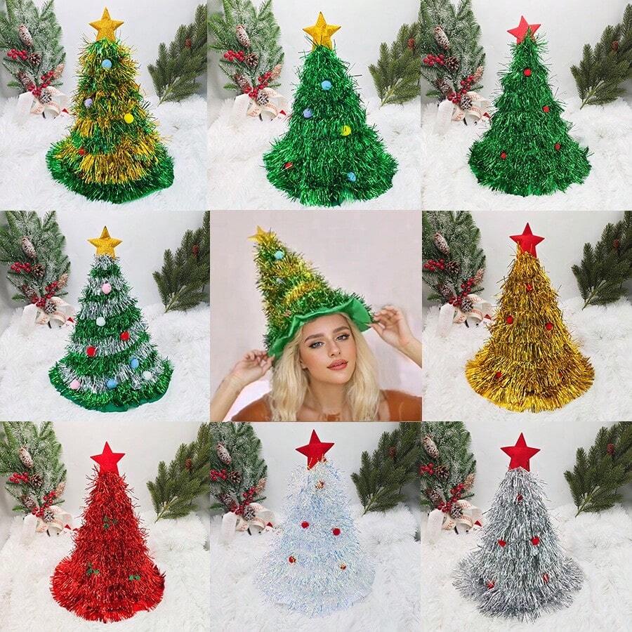 5pcs/Set Colorful Tinsel Pom Pom Santa Hats, Christmas Tree Shaped Creative Design In Green, Silver, Red, Vibrant Colors For Holiday Atmosphere & Photo Props