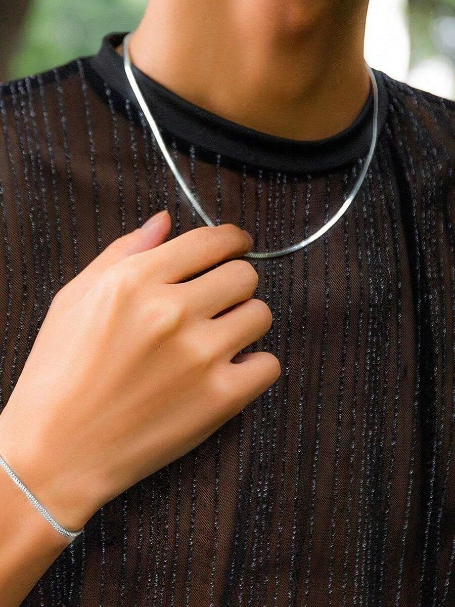 Men's Rat Tail Chain And Bracelet Set Kit In 925 Silver Plated - Silver - View 1