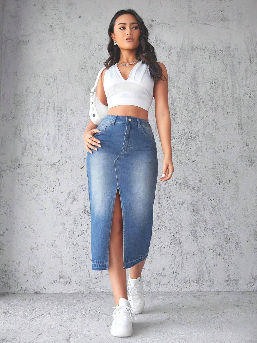 Falda de Mezclilla Larga Jeans - Azul - Ver 1