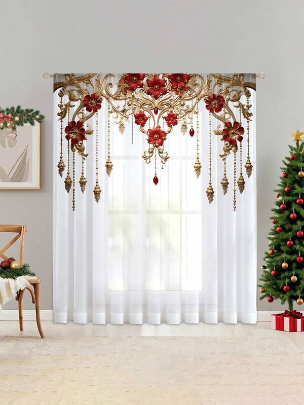 1 Stück Weihnachtsdekoration transparenter Vorhang mit elegantem Goldblatt, roter Blumen- und Glockenmusterung, maschinenwaschbar, geeignet für Schlafzimmer, Büro, Küche, Wohnzimmer, Heimdekoration, 100g/㎡