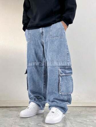 1pc Men's Blue Wide Leg Casual Jeans