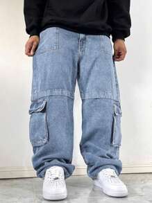 1pc Men's Blue Wide Leg Casual Jeans - Baby Blue - View 5