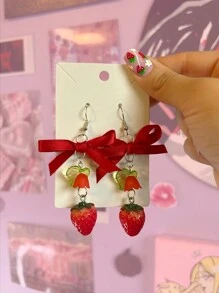 1pair Handmade Y2K Star, Bow, Strawberry Shaped Pendant Earrings, Suitable For Women To Wear As Aesthetic Jewelry Accessories, A Delicate Gift For Family
