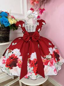 Children's Marsala Dress Butterfly Garden Pearls Luxury Enchanted Floral Flower Girl Clothes Girls 4 To 16 Years Old - Gỗ đỏ - Xem 3