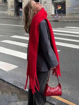 1pc Winter Thick Solid Color Fluffy Tassel Women Warm Scarf, Stylish Cold-Proof Couple Shawl, Soft Comfortable Blanket Scarf, Suitable For Daily Wear