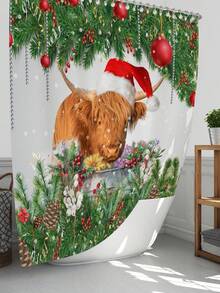 1 件/4 件圣诞快乐牦牛圣诞老人礼物多功能防水浴室装饰套装：带 12 个挂钩的浴帘、防滑浴垫、U 型马桶垫和圆形马桶座套，适合各种场景的冬季装饰 - 彩色 - 查看 12