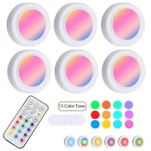 1/3/6 LED 灯圆形，无线电池供电 RGB 遥控装饰夜灯（带遥控器），附加磁性灯具，适用于走廊、浴室、卧室、厨房橱柜、楼梯、家居装饰 - 白色 - 查看 3