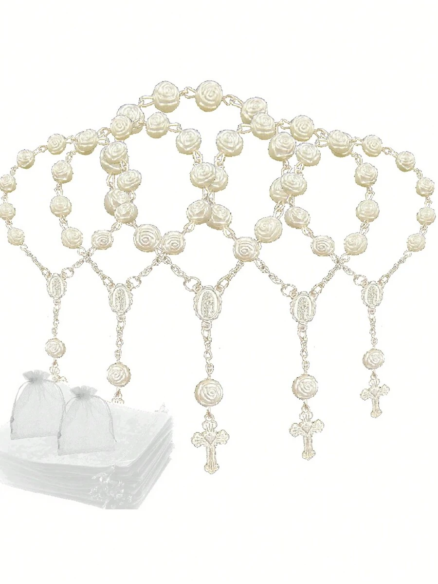 30 件玫瑰串珠手链，亚克力 3D 玫瑰串珠手链，配欧根纱袋，适合洗礼礼物、一岁生日、派对礼物、婚礼和其他庆祝活动