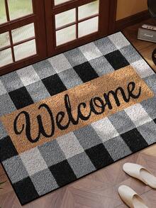 1 pieza Felpudo de bienvenida a cuadros blanco y negro, minimalista de felpa corta, absorbente y antideslizante, lavable para cocina, baño, comedor, entrada, fiesta, Año Nuevo, todas las estaciones
