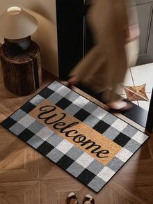 1 pieza Felpudo de bienvenida a cuadros blanco y negro, minimalista de felpa corta, absorbente y antideslizante, lavable para cocina, baño, comedor, entrada, fiesta, Año Nuevo, todas las estaciones