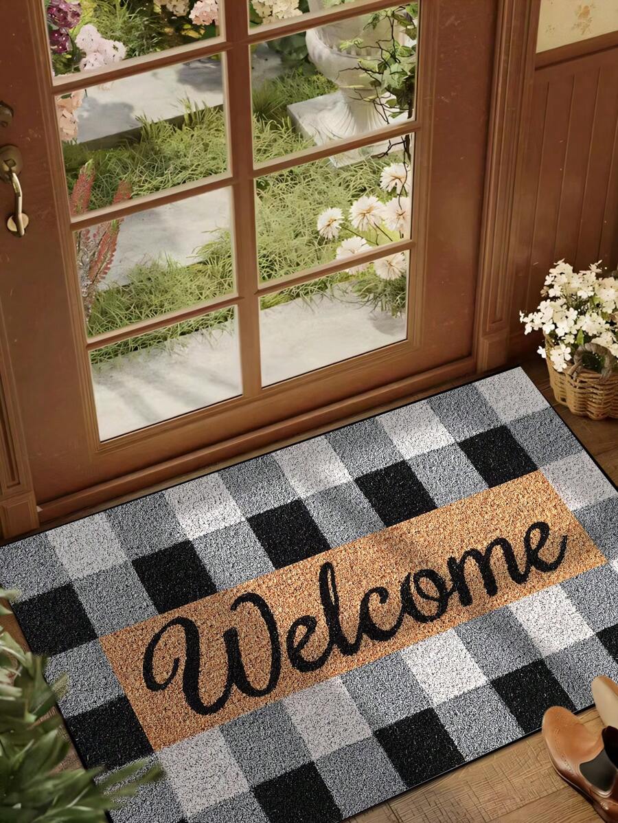 1 pieza Felpudo de bienvenida a cuadros blanco y negro, minimalista de felpa corta, absorbente y antideslizante, lavable para cocina, baño, comedor, entrada, fiesta, Año Nuevo, todas las estaciones