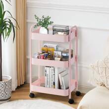 CLIPOP 3-Tier Storage Trolley Metal Rolling Utility Cart With Handle And Lockable Wheels, Mobile Serving Trolley For Kitchen Bathroom Bedroom Office Storage - Pink - View 1