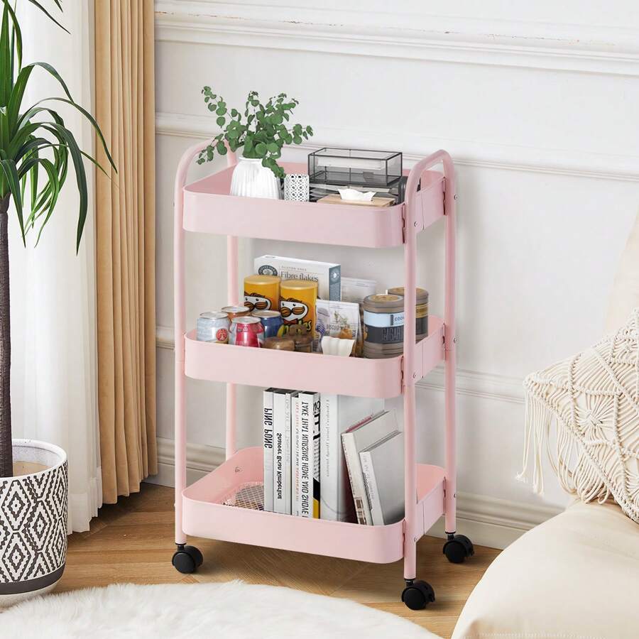 CLIPOP 3-Tier Storage Trolley Metal Rolling Utility Cart With Handle And Lockable Wheels, Mobile Serving Trolley For Kitchen Bathroom Bedroom Office Storage - Pink - View 1