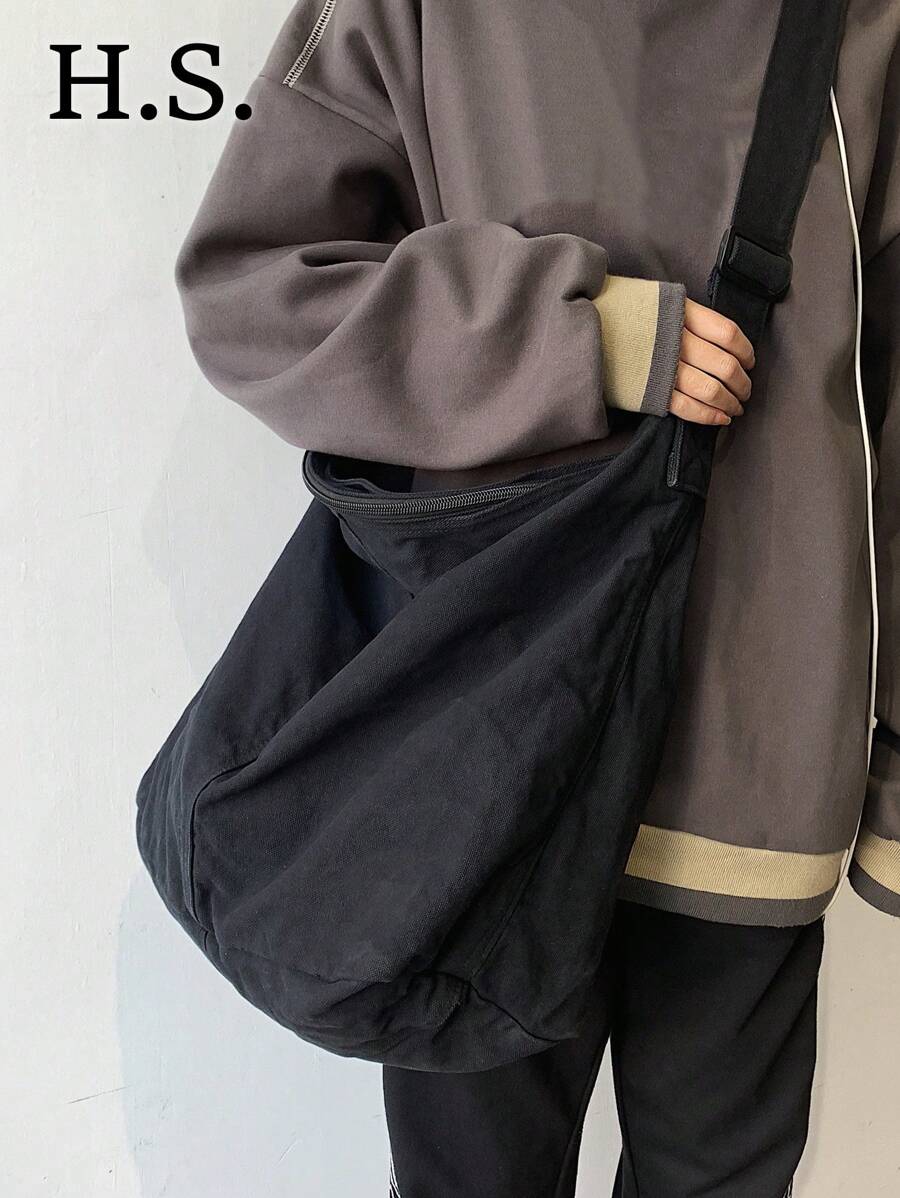 女士大容量水洗黑色帆布包，简约休闲百搭拉链开合单肩包适合日常使用，大学生书包，旅行，潮流街头可折叠斜挎包 - 黑色 - 查看 1