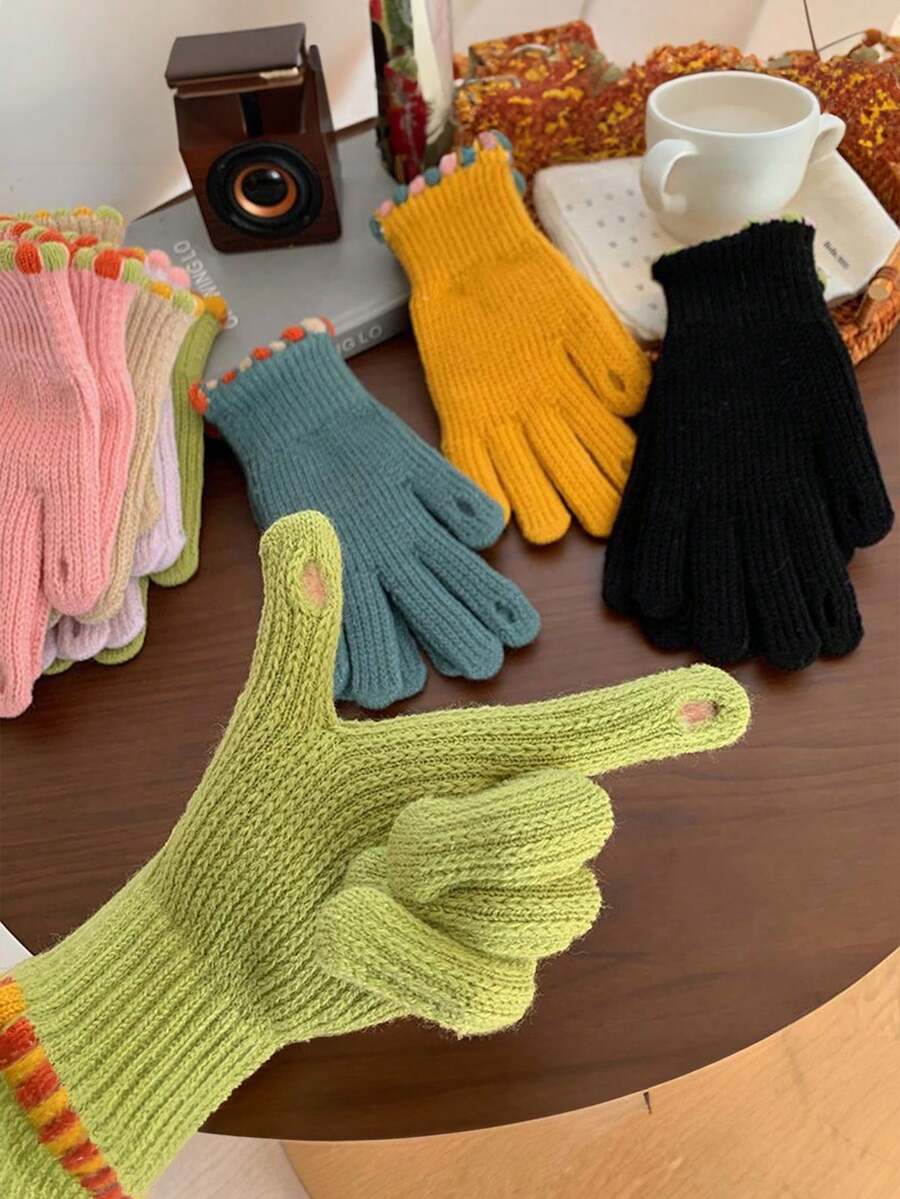 1双可爱露指针织手套纯色触屏保暖防风骑行手套男女皆宜可作为礼物 - 均碼 - 查看 1