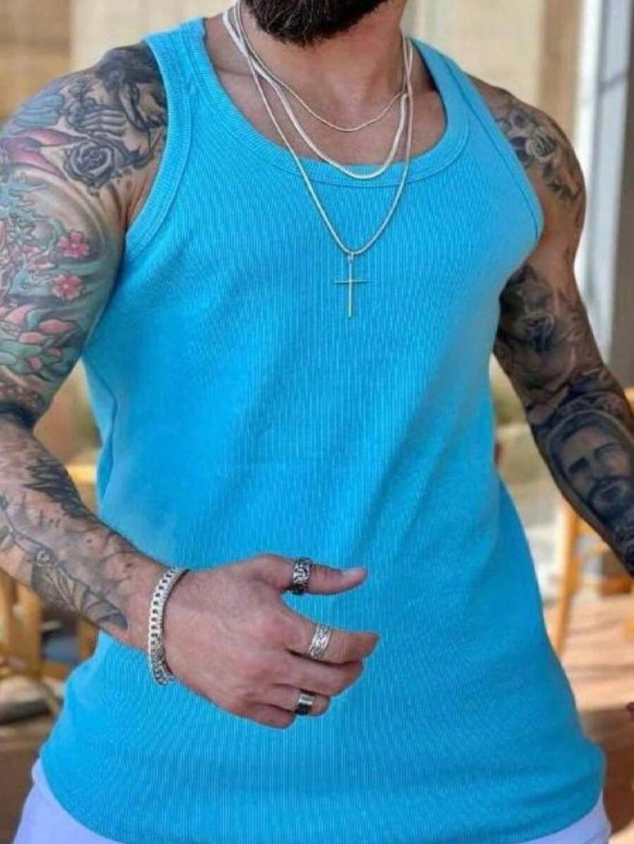 Men's American Style Ribbed Knit Tank Top - 藍色 - 查看 1