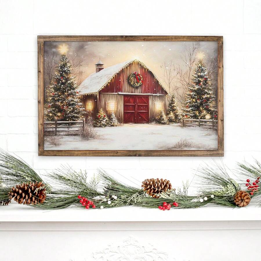 1 件迷人红色谷仓圣诞帆布艺术、冬季墙壁装饰、圣诞装饰、房间装饰、圣诞装饰品、圣诞礼物、客厅完美节日和周年纪念装饰帆布材料 - 带框 - 彩色 - 查看 1