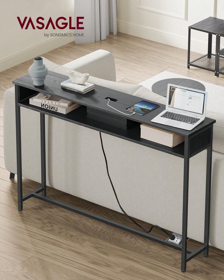 VASAGLE Console Table With Charging Station, Slim Console Table For Hallway, Narrow Table With 2 Compartments, Space-Saving, For Living Room, White - UK Plug(220-240V) - View 3