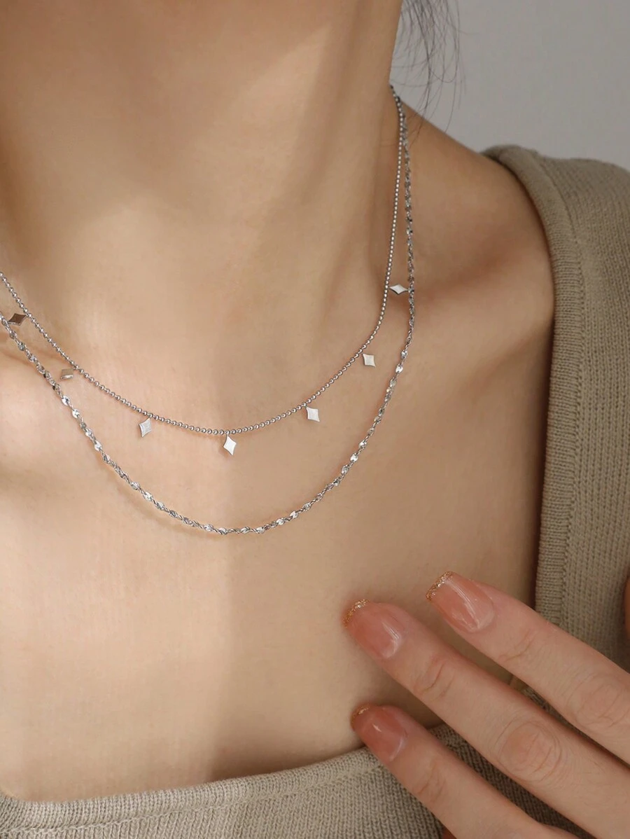 Tkool 1pc Women Stainless Steel Silver-Color Double Layer Multi-Rhombus Tassel Gleaming Flower Pendant Necklace (Pendant Quantity Random)