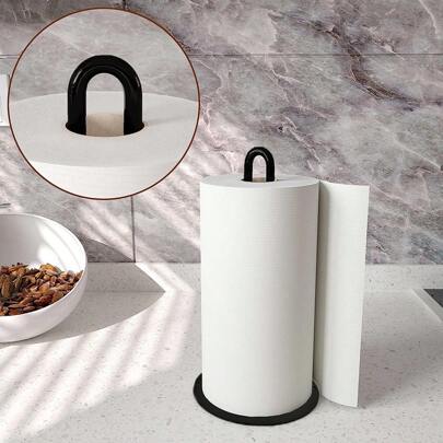 1pc Metal Black/Silver Kitchen Paper Towel Organizer Rack, Iron Coated Creative Dining Table Roll Holder, Vertical Wrap Film Tissue Paper Dispenser